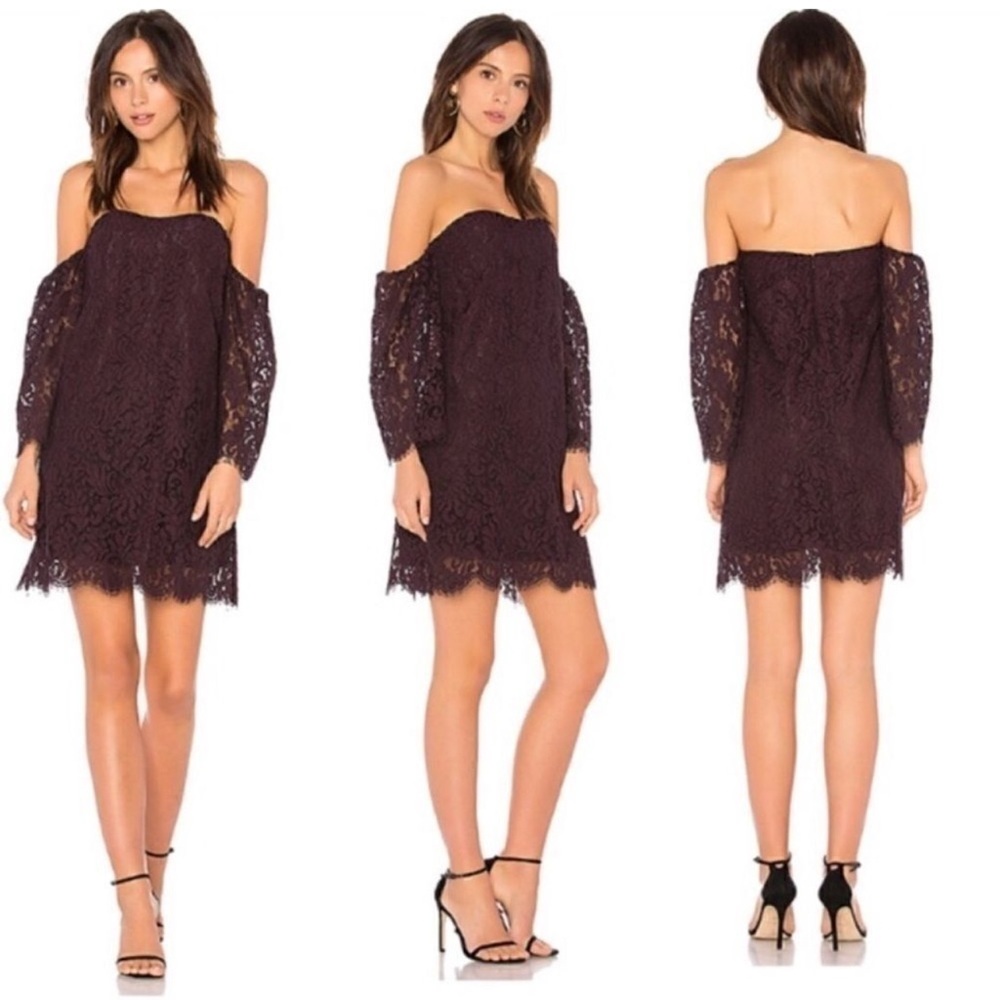Cupcakes & cashmere adalira off the shoulder lace mini dress wine deep purple